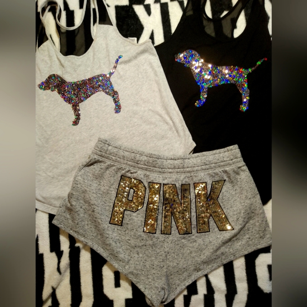 Victoria's Secret Pink 3pc Pup Bling Sequin Short & Tanks Set. L